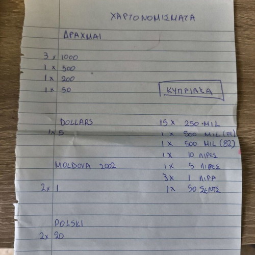 Collection of used Greek and Cypriot banknotes including drachmas and pounds