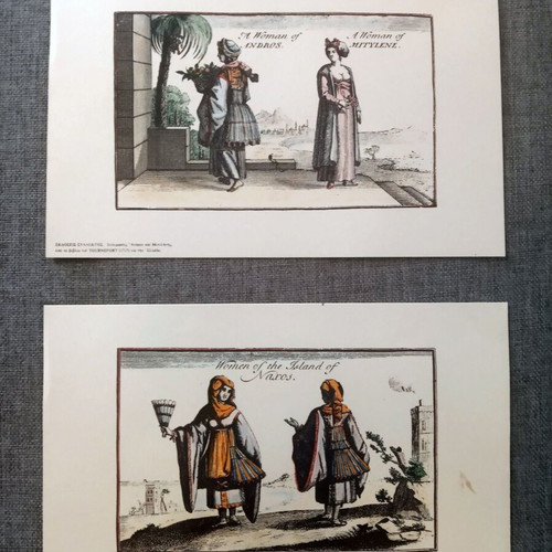 Two collectible hand-colored engravings with traditional costumes like new