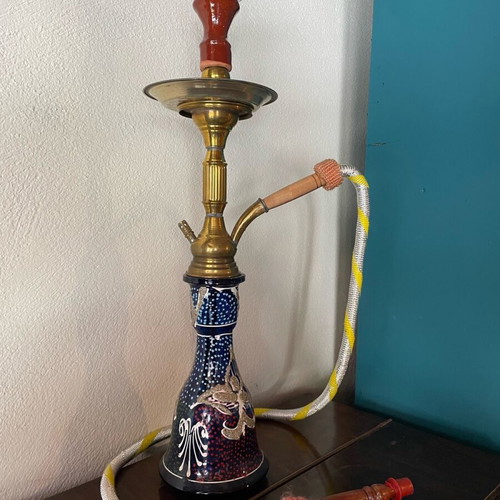 Hookah used with blue glass and brass coating