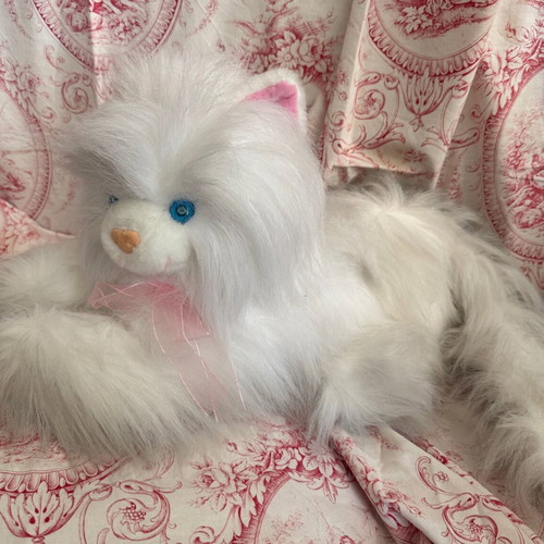 Vintage plush cat used, white with blue eyes, 45cm