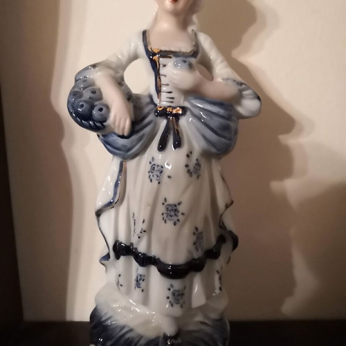 Porcelain figurines Rococo style set of 3 like new, white and blue with gold accents