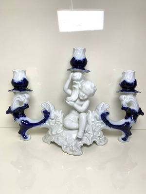 Порцеланово орнаментно свещник употребяван, бароков стил за три свещи