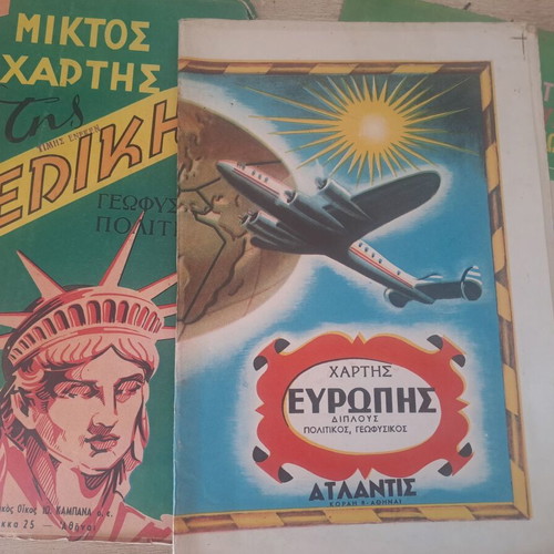 School maps vintage set of 3 used, Europe, America, Attica