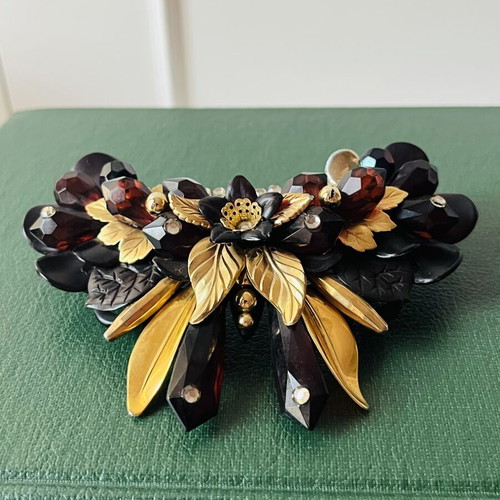 Vintage French Barrette hair clip 1980s baroque style amber color used