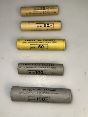Drachma coin rolls new, 5 pieces from the 1980s