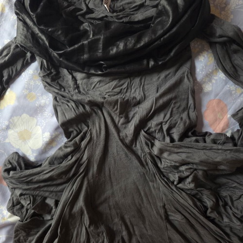 Please women's dress, dark gray, cowl neck with drapes