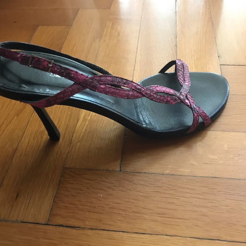 Kalogirou high sandals refurbished, black-pink fake snake skin, size 38.5