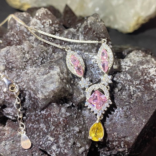 Silver Necklace with Natural Pink Tourmaline, Citrine and Moissanite