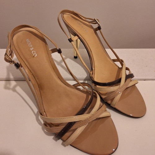 WOLP & CO. women's sandals with beige and brown straps, like new, gold heel