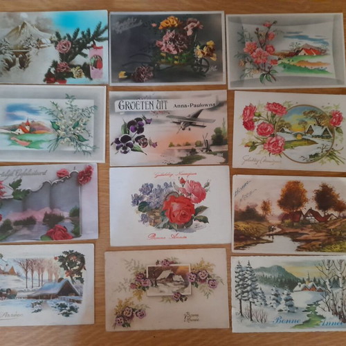 Vintage greeting postcards with flowers and landscapes, used, pack of 12