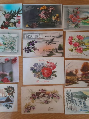 Vintage greeting postcards with flowers and landscapes, used, pack of 12