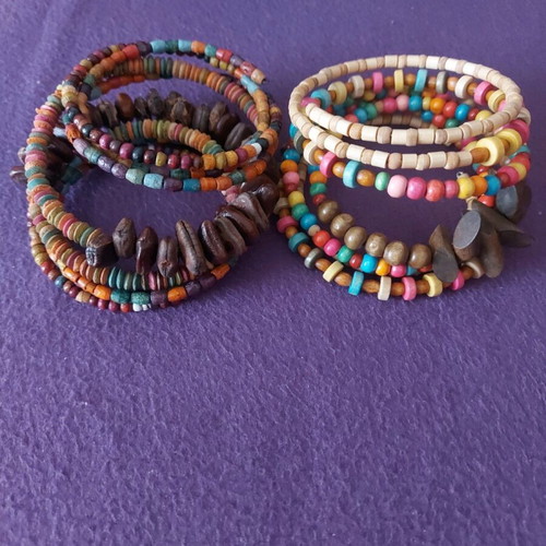 Spiral handmade bracelets like new, colorful with wooden elements pack