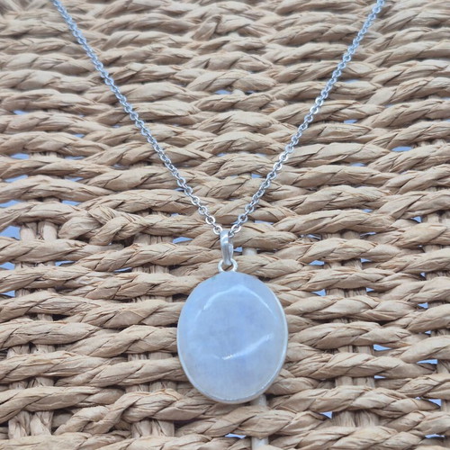 Moonstone Silver 925 Necklace with Oval Pendant and Stainless Steel Chain