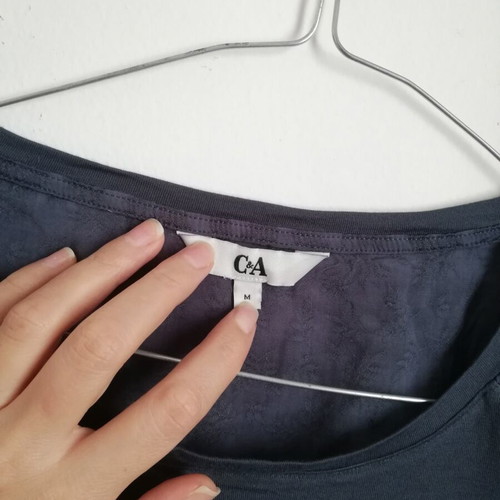 C&A navy blue top with different fabric sleeves and back, medium