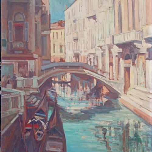 Oil painting of gondolas in Venice by Dora Bouki on hardboard