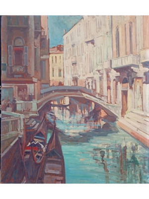 Oil painting of gondolas in Venice by Dora Bouki on hardboard
