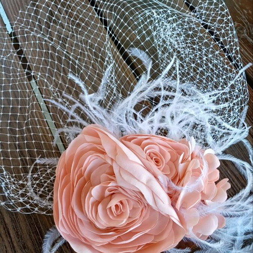 Bridal hair clip with satin roses and hydrangea, salmon color new