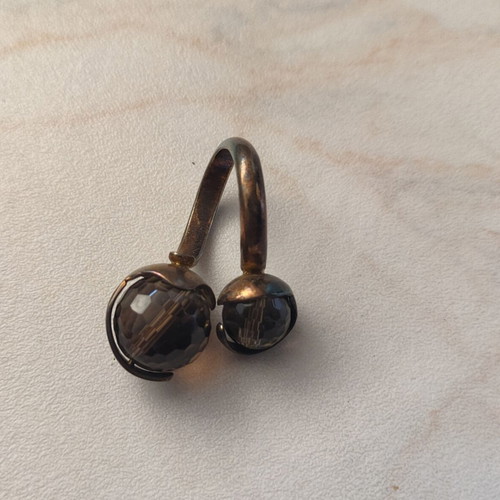 Vintage Retro Bypass Ring with Faceted Smoky Quartz Stones