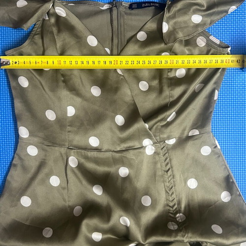 Zara Satin Khaki Polka Dot Open Shoulder Midi Dress Size Medium like new