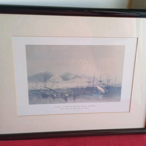 Vintage Syros lithograph engraving in wooden black lacquer frame