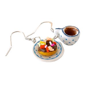 Σκουλαρίκια πορσελάνινο σετ φλυτζάνι καφέ και πιάτο με donut με πολύχρωμα sprinkles και σοκολάτα