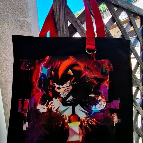Shadow tote bag new, black canvas with red handles and D ring