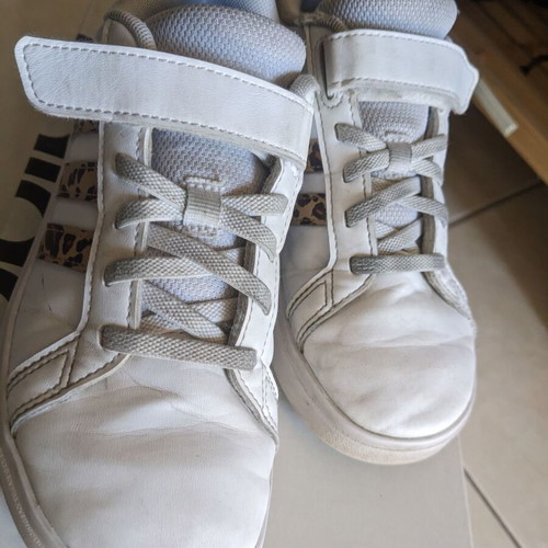 Adidas kids athletic shoes used with leopard design size 33 white