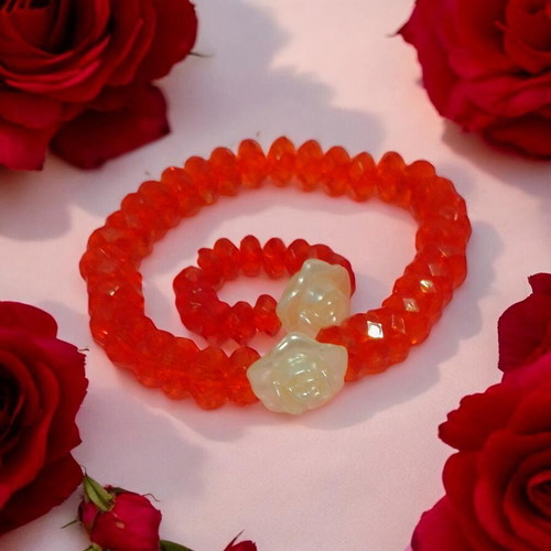 Red faceted ring and bracelet with white pearl rose new, handmade