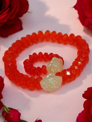 Red faceted ring and bracelet with white pearl rose new, handmade