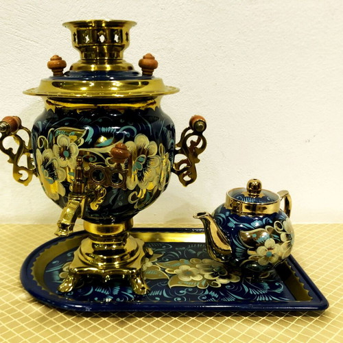 Vintage electric samovar with handmade painting, tray and teapot new