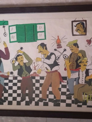 Watercolor painting used, men enjoying laiko music