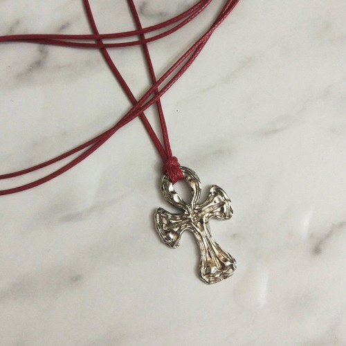 Men's pendant with Byzantine metal cross, red cord