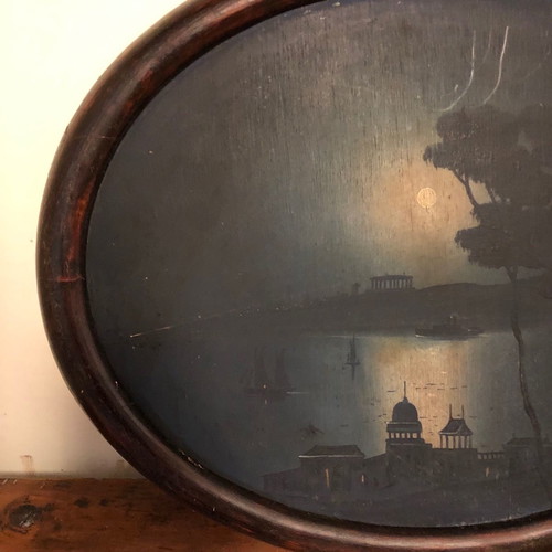 Artwork used, old seascape night painting in oval wooden frame