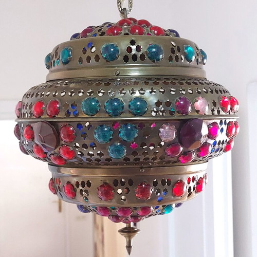 Moroccan vintage handmade lamp from brass and colored glass like new