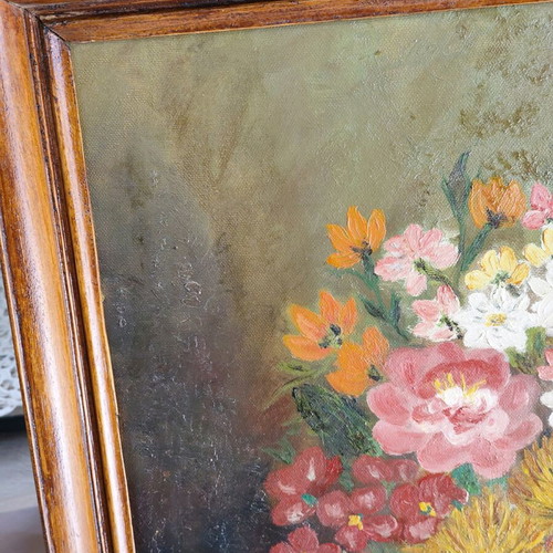 Vintage oil painting on canvas used, vase with colorful bouquet