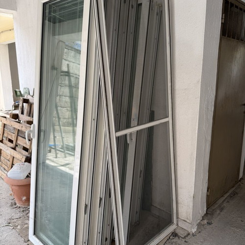Aluminum balcony doors used, set of 7 with screens and blinds