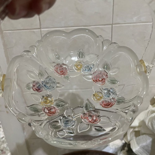 Vintage glass fondantière like new with embossed flowers and plastic handle