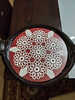 Vintage serving tray used with woven cover and glass, 44 cm diameter