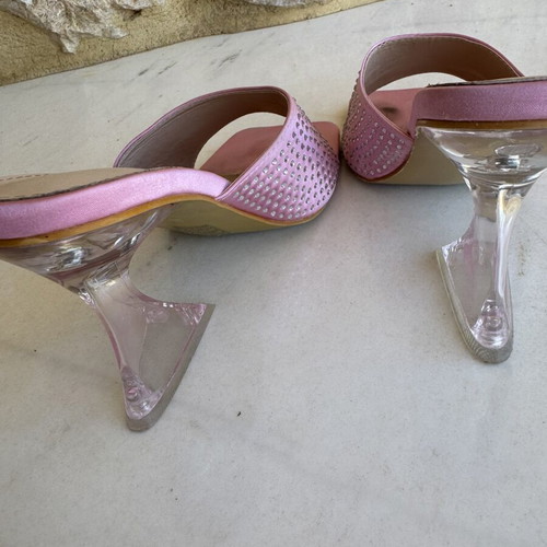 Pink satin mules with strass used, clear plexiglass heel, size 40