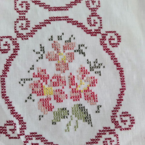 Handmade White Tablecloth 155x166 cm with Cross Stitch and Azur Finish