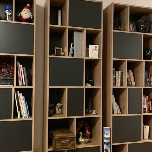 Bookcase set of three pieces like new with wheels and push button doors