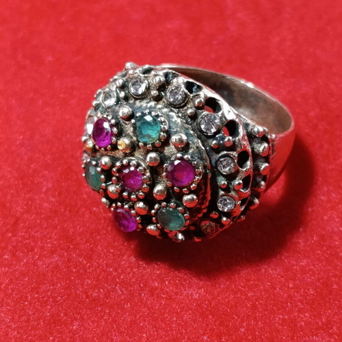 Ring with multicolored stones used, gold color, size 59