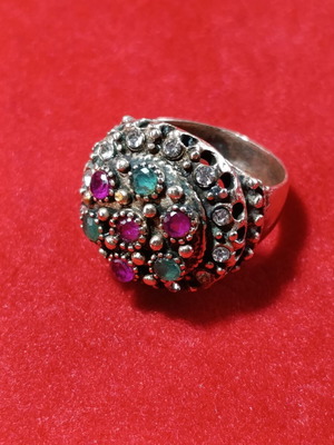 Ring with multicolored stones used, gold color, size 59