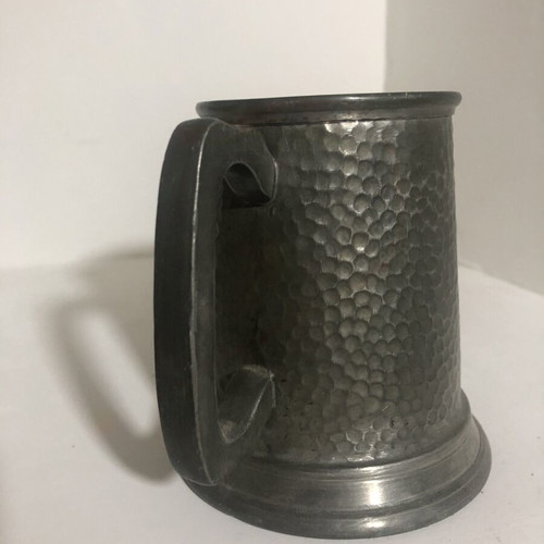 English pewter tankard jug used, vintage hammered finish