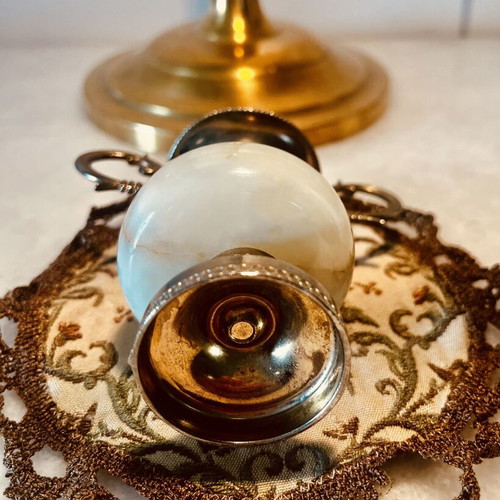 Collectible mini amphorae set of 2 used, onyx and bronze, 8cm