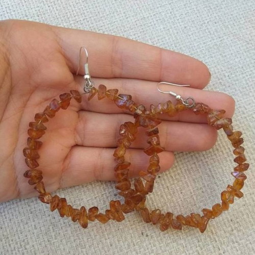 Large Handmade Earrings with Brown Semi-Precious Stone Chips