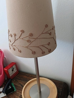 Ikea Table Lamp Like New With Beige Embroidered Shade And Wooden Base