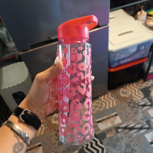 School Transparent Plastic Water Bottle with Pink Leopard Print Flip-Top Cap