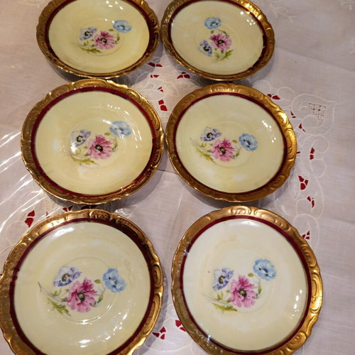 Vintage porcelain tea set 6 pieces used with burgundy and gold details