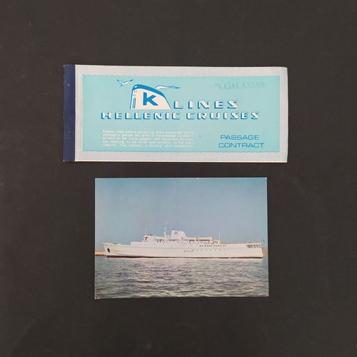 K-LINES Hellenic Cruises 1972 Galaxias ship ticket with postcard